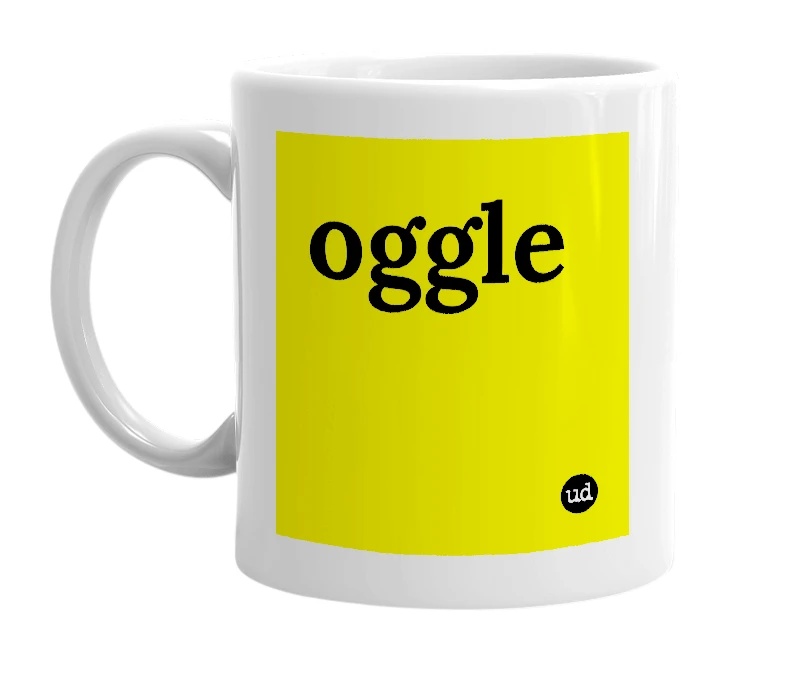 White mug with 'oggle' in bold black letters