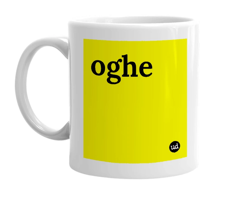 White mug with 'oghe' in bold black letters