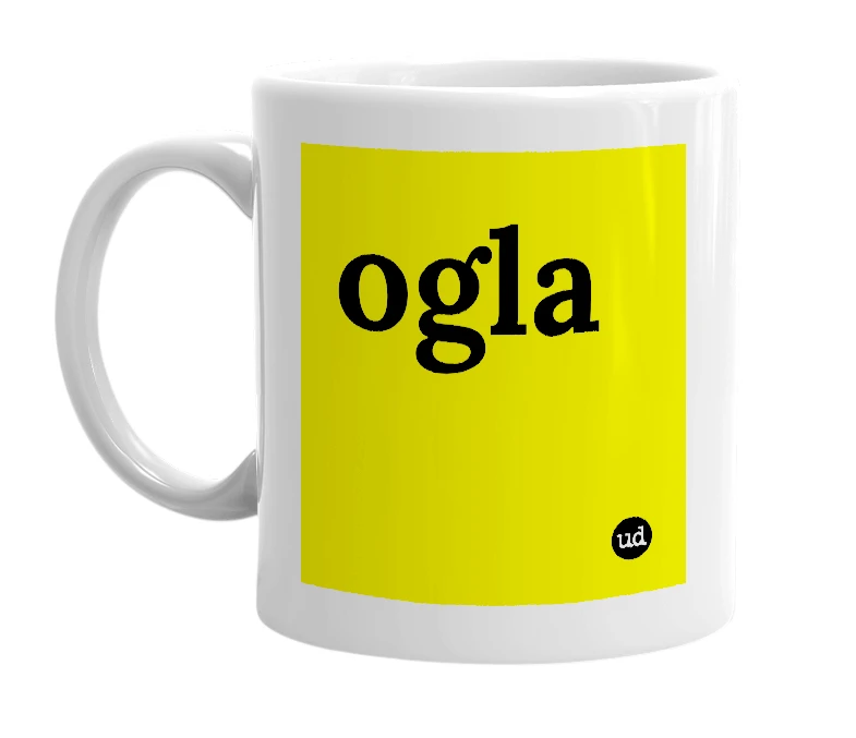 White mug with 'ogla' in bold black letters