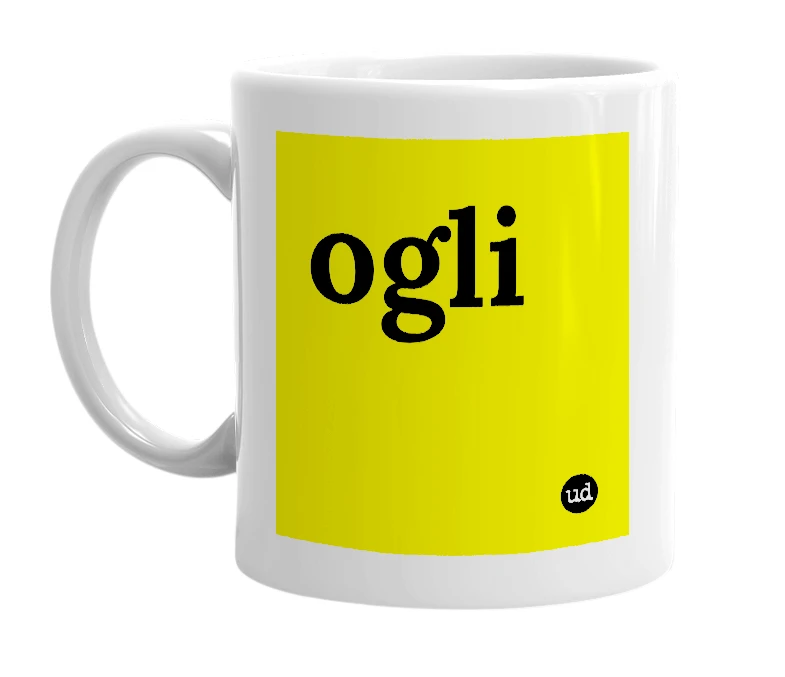 White mug with 'ogli' in bold black letters
