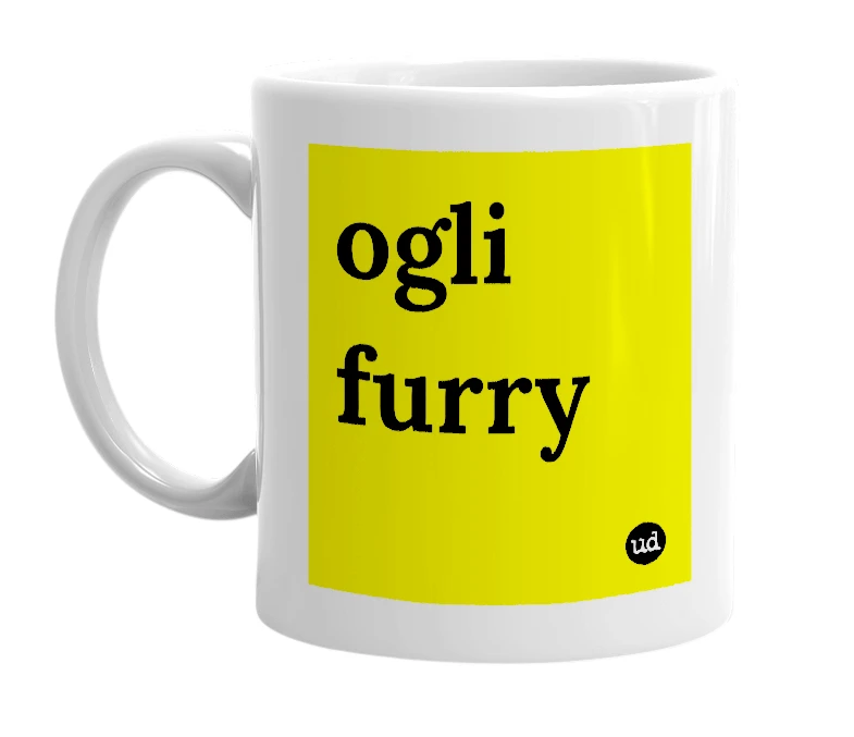 White mug with 'ogli furry' in bold black letters