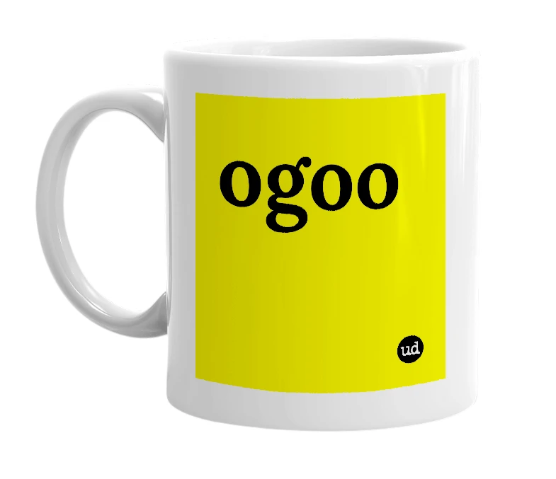 White mug with 'ogoo' in bold black letters