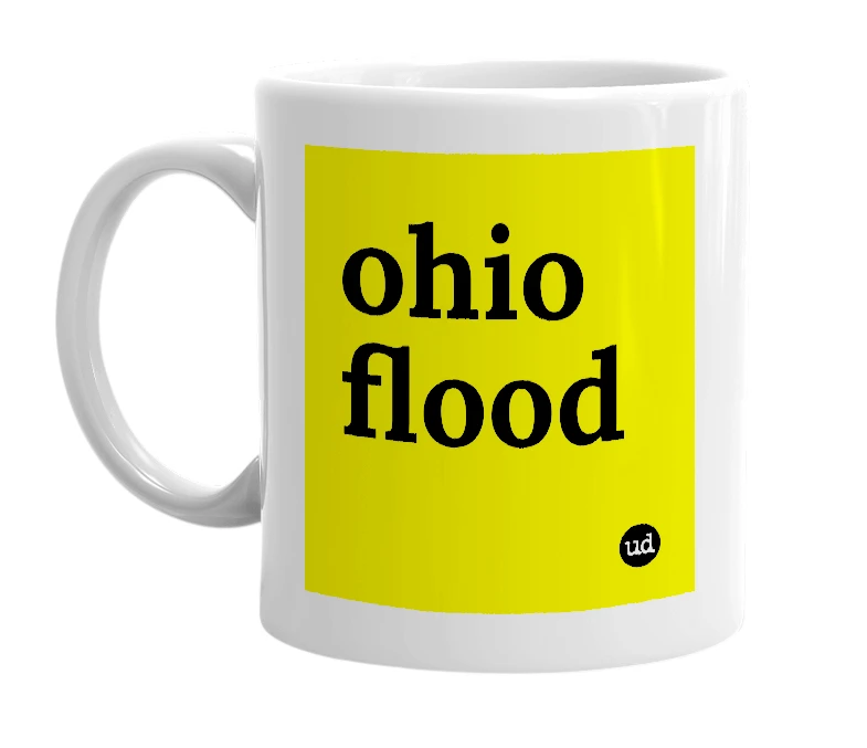 White mug with 'ohio flood' in bold black letters