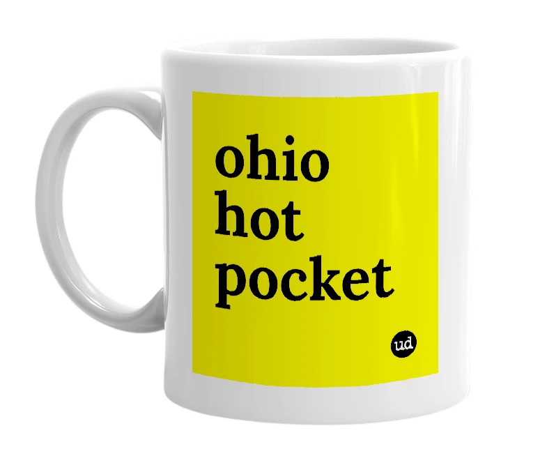 White mug with 'ohio hot pocket' in bold black letters