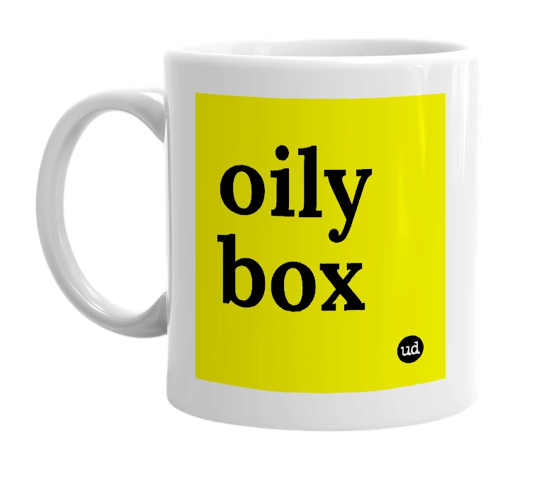 White mug with 'oily box' in bold black letters