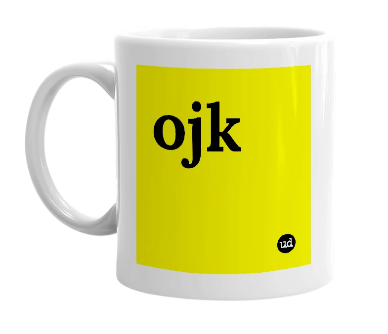 White mug with 'ojk' in bold black letters