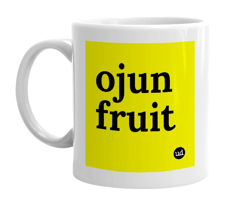 White mug with 'ojun fruit' in bold black letters