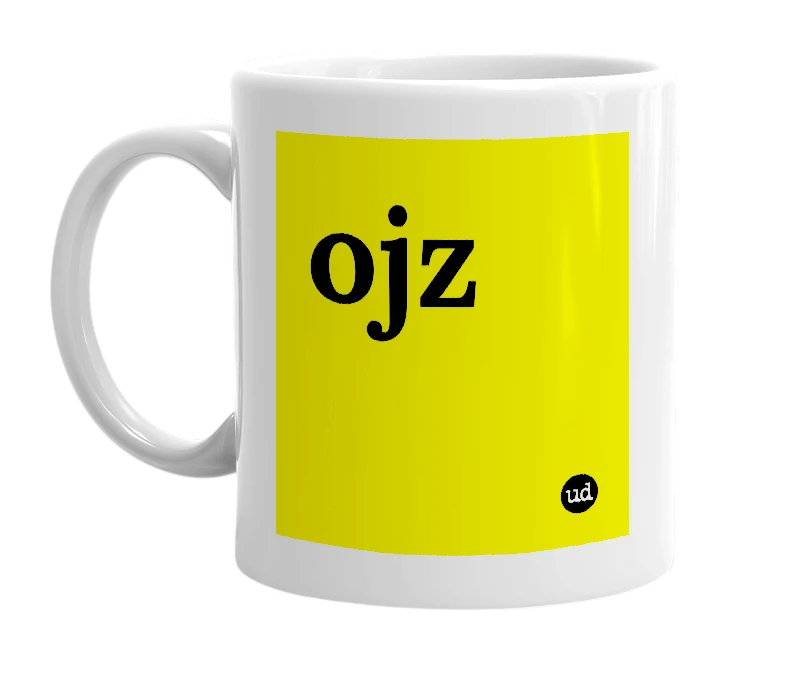 White mug with 'ojz' in bold black letters