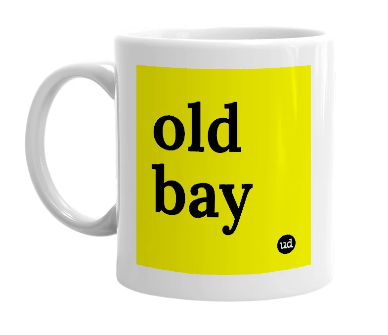 White mug with 'old bay' in bold black letters