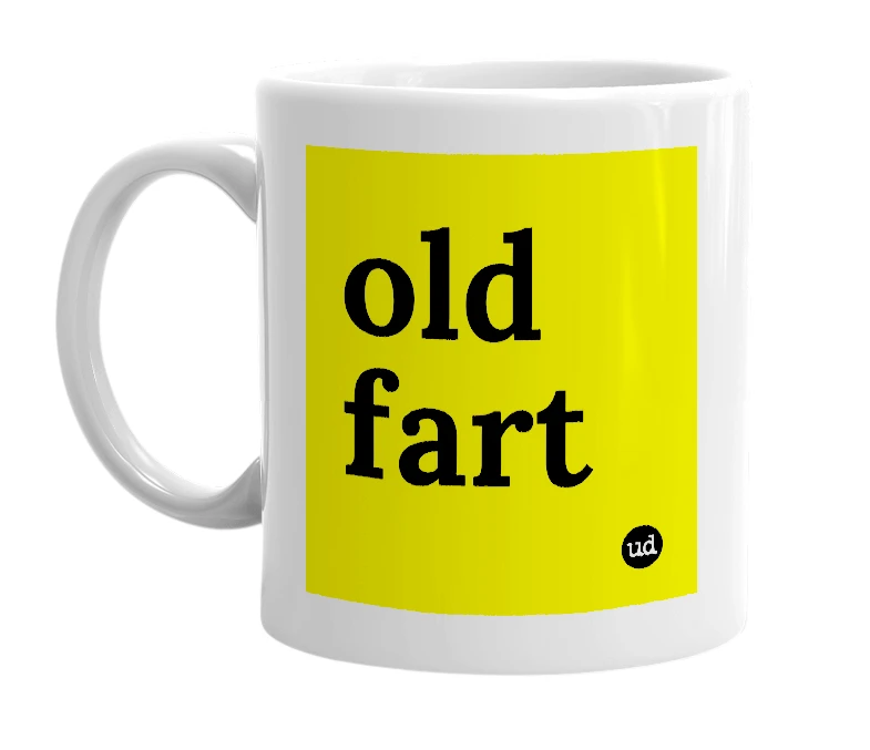 White mug with 'old fart' in bold black letters