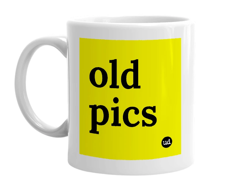 White mug with 'old pics' in bold black letters