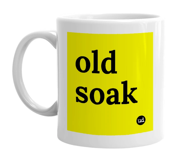 White mug with 'old soak' in bold black letters