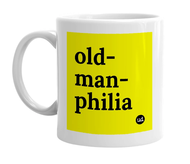 White mug with 'old-man-philia' in bold black letters