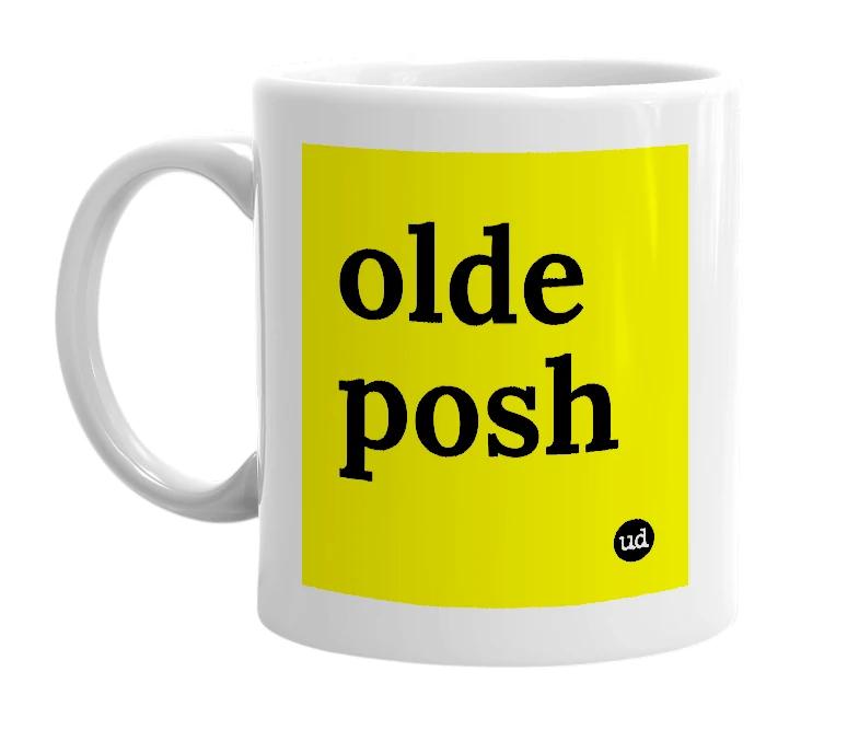 White mug with 'olde posh' in bold black letters