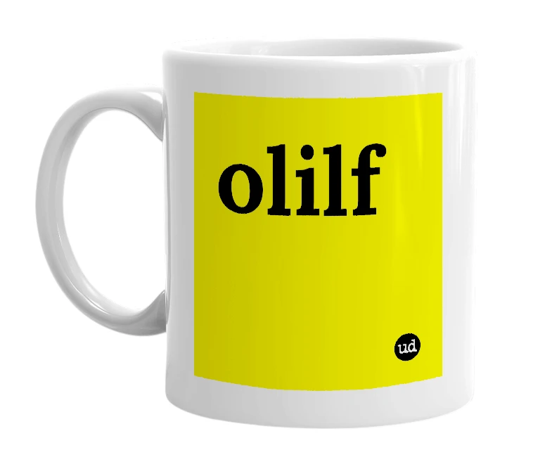 White mug with 'olilf' in bold black letters