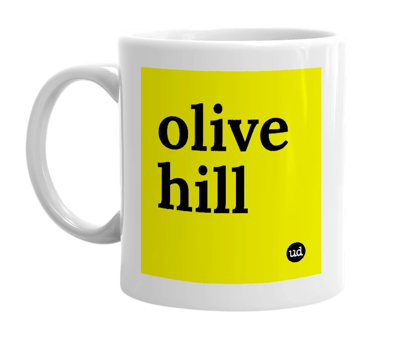 White mug with 'olive hill' in bold black letters