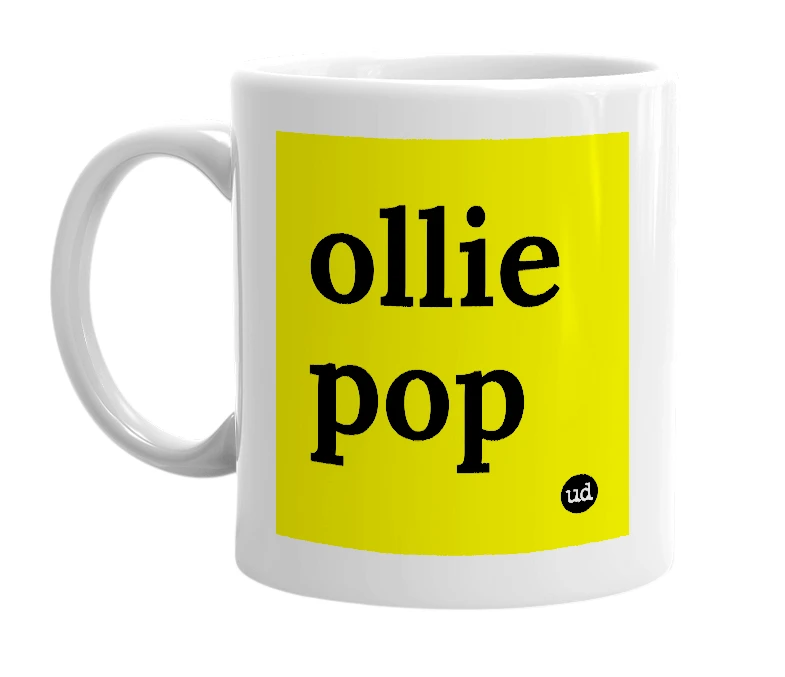 White mug with 'ollie pop' in bold black letters