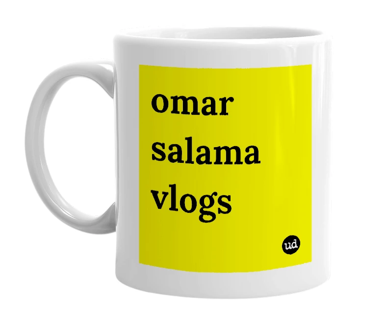 White mug with 'omar salama vlogs' in bold black letters