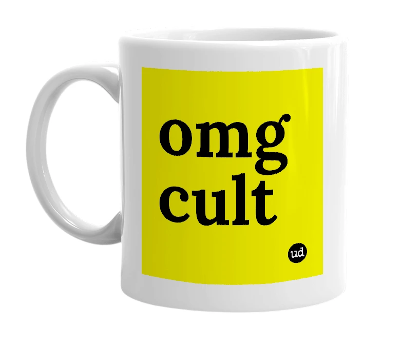 White mug with 'omg cult' in bold black letters