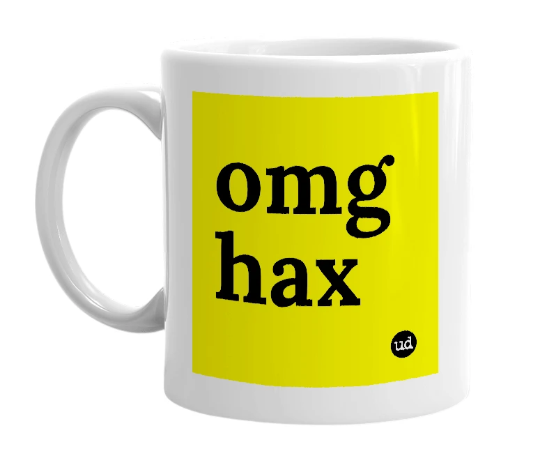 White mug with 'omg hax' in bold black letters