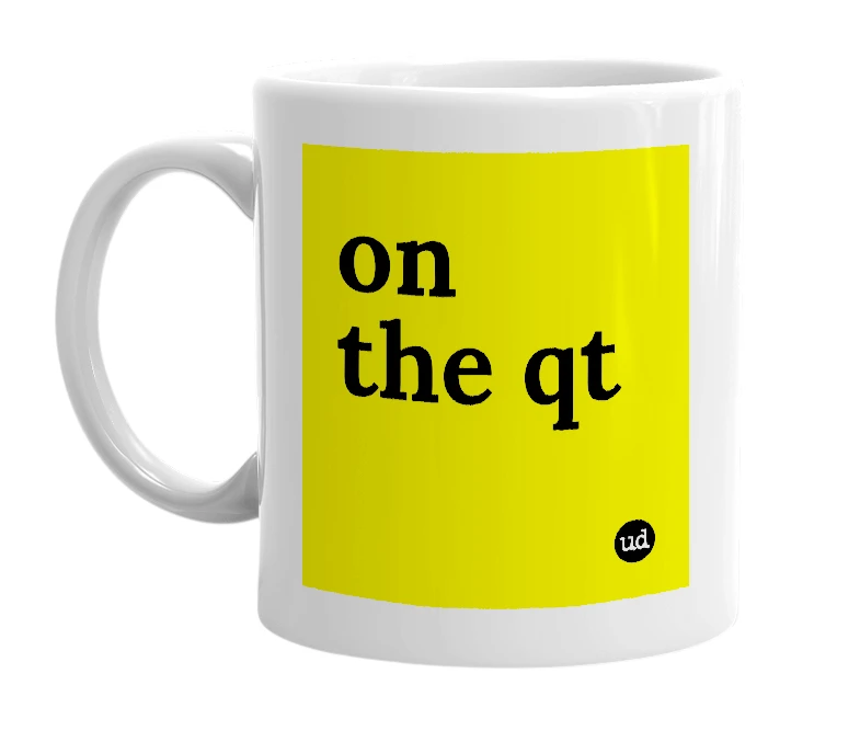 White mug with 'on the qt' in bold black letters