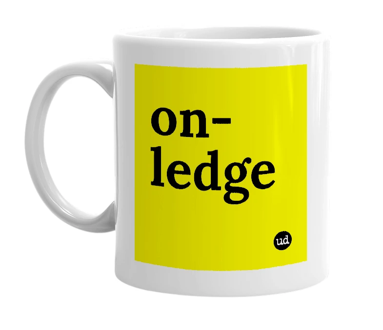 White mug with 'on-ledge' in bold black letters