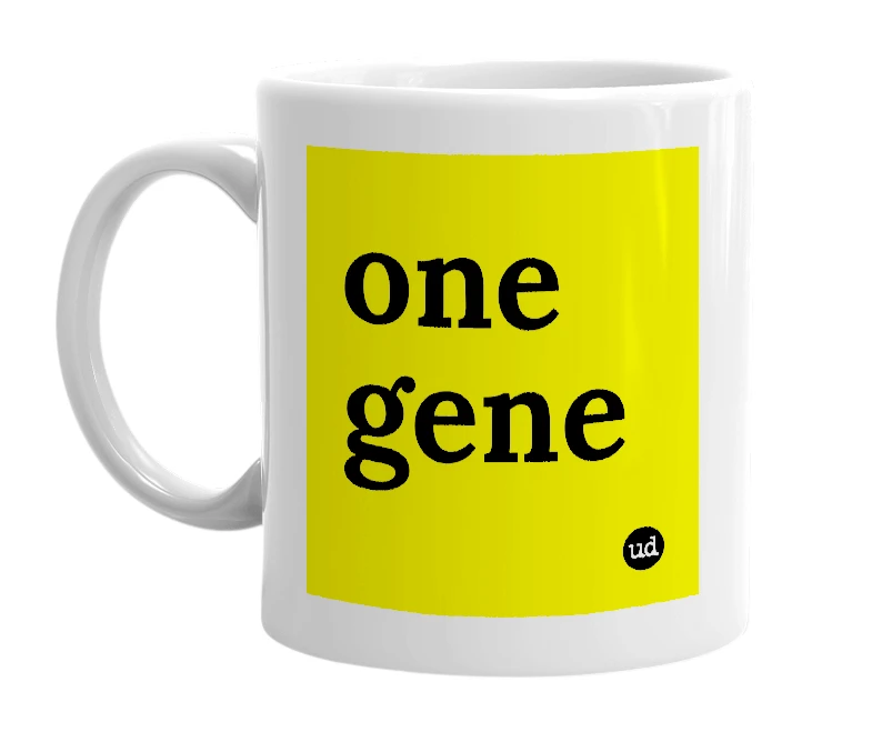 White mug with 'one gene' in bold black letters