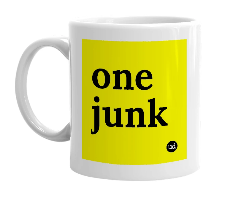 White mug with 'one junk' in bold black letters