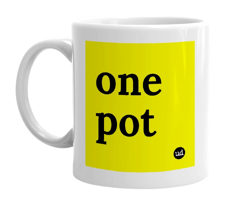 White mug with 'one pot' in bold black letters