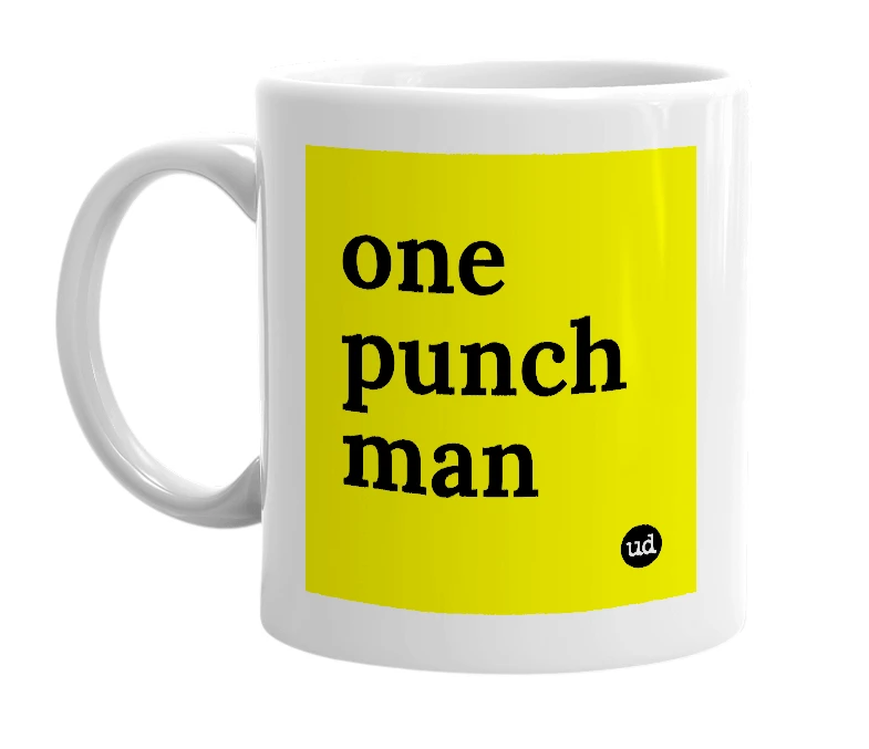 White mug with 'one punch man' in bold black letters