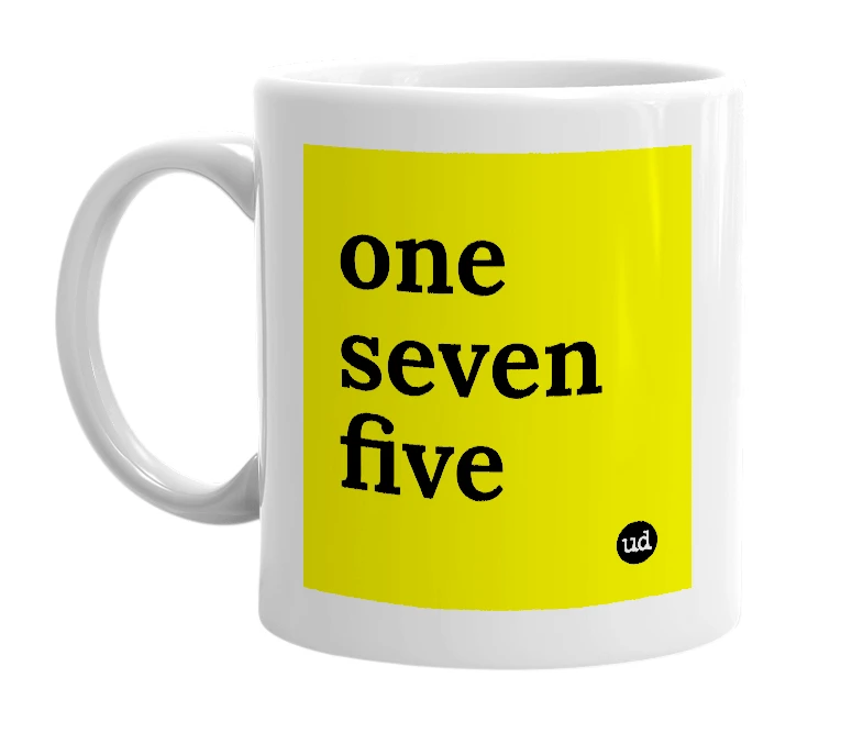 White mug with 'one seven five' in bold black letters