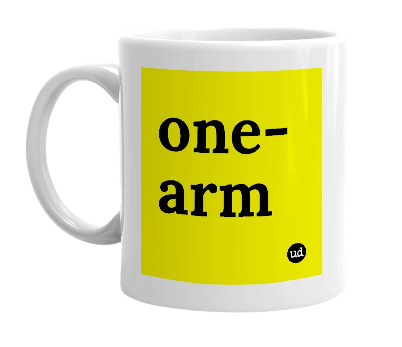 White mug with 'one-arm' in bold black letters