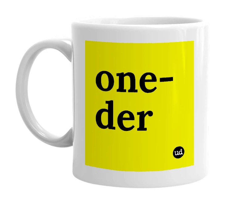 White mug with 'one-der' in bold black letters
