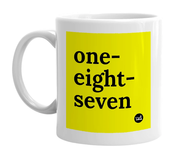 White mug with 'one-eight-seven' in bold black letters