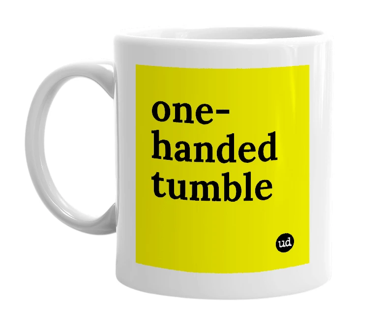 White mug with 'one-handed tumble' in bold black letters