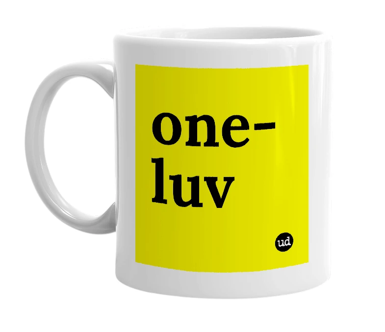 White mug with 'one-luv' in bold black letters
