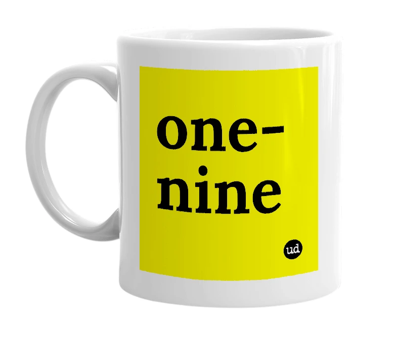White mug with 'one-nine' in bold black letters