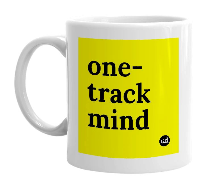 White mug with 'one-track mind' in bold black letters