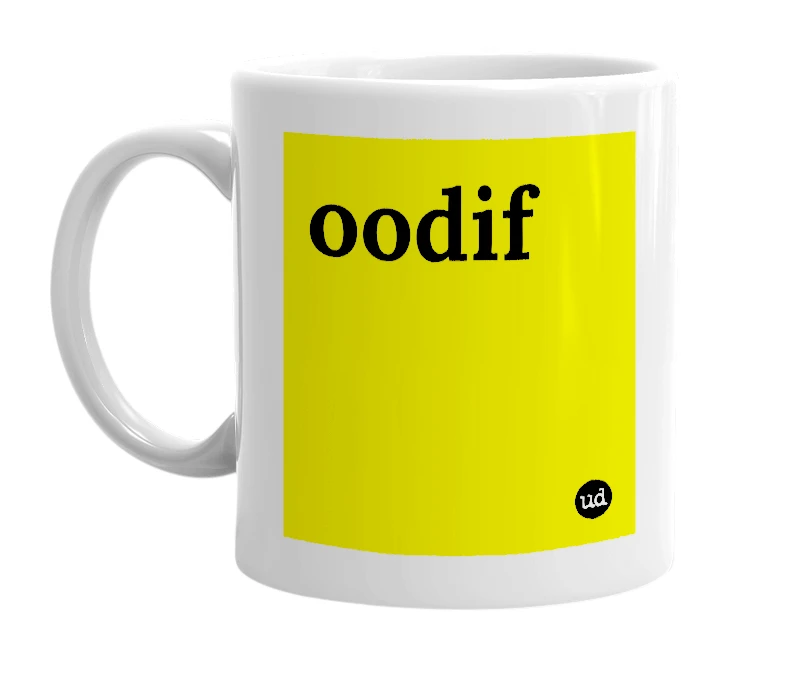 White mug with 'oodif' in bold black letters