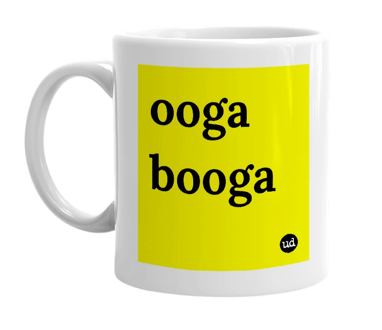 White mug with 'ooga booga' in bold black letters