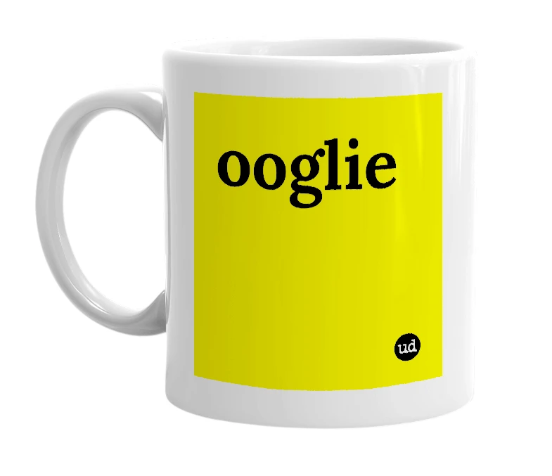 White mug with 'ooglie' in bold black letters