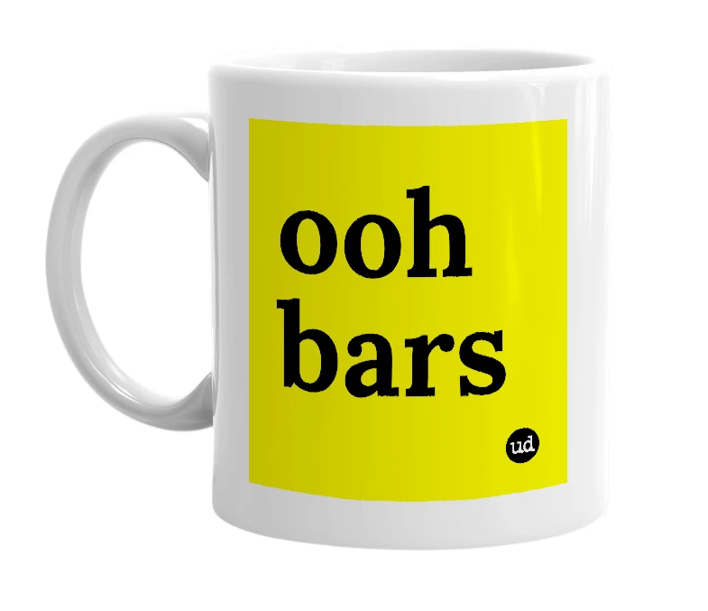 White mug with 'ooh bars' in bold black letters