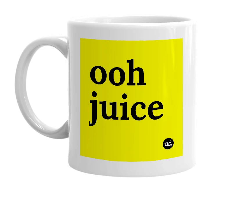 White mug with 'ooh juice' in bold black letters