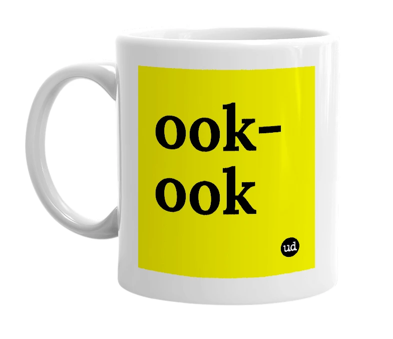White mug with 'ook-ook' in bold black letters