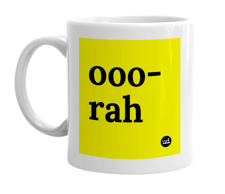 White mug with 'ooo-rah' in bold black letters
