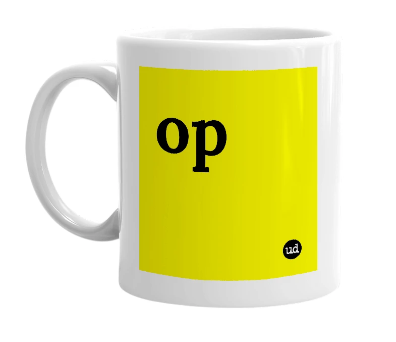 White mug with 'op' in bold black letters