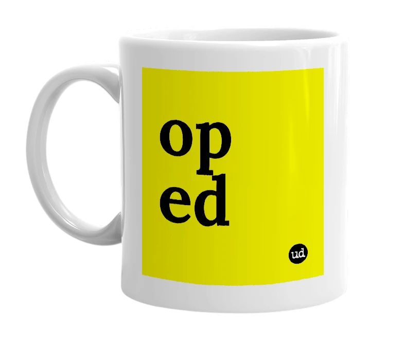 White mug with 'op ed' in bold black letters