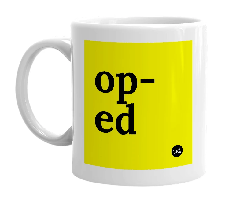 White mug with 'op-ed' in bold black letters