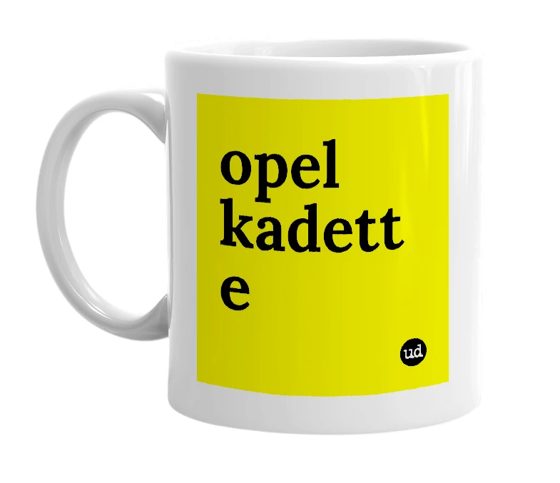 White mug with 'opel kadett e' in bold black letters