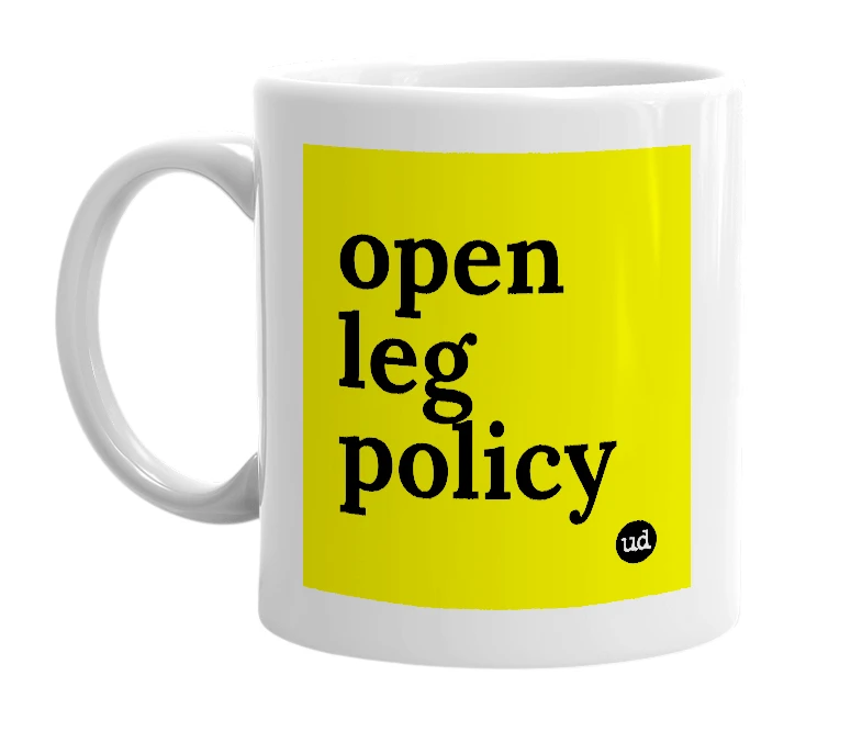 White mug with 'open leg policy' in bold black letters